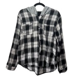 SHEIN Gray Plaid Button Down Hooded Shirt | XL
